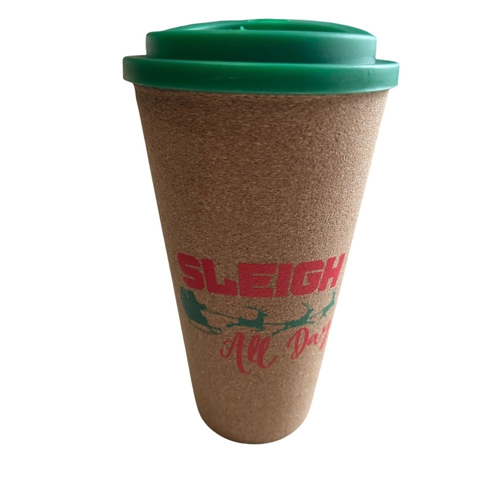 NWT Christmas Corky Car Cup in Tan/Red/Green Sleigh All Day 16 Oz. Hand Wash